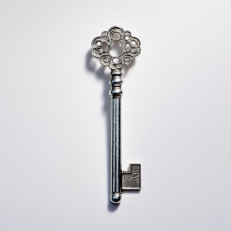 a silver key, reminiscent of the artistic styles of takashi murakami, laurie lipton, and richard pousette-dart, is showcased on a white background. this captivating image, captured with the kodak ektar 100 film and featuring a diamond accent, exudes a found-object-centric aesthetic. the renaissance chiaroscuro lighting adds depth and drama, while the use of fujifilm acros film enhances the overall visual appeal. ai generatedの素材