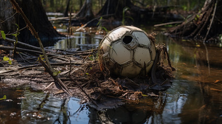 an old soccer ball, made of trash, sits amidst swamp grass in this documentary-style photograph. captured with a nikon d850 by elsa bleda, the image showcases the art of the ivory coast and the talent of photographer cody ellingham. the use of vray tracing adds depth and realism to the composition. ai generatedの素材