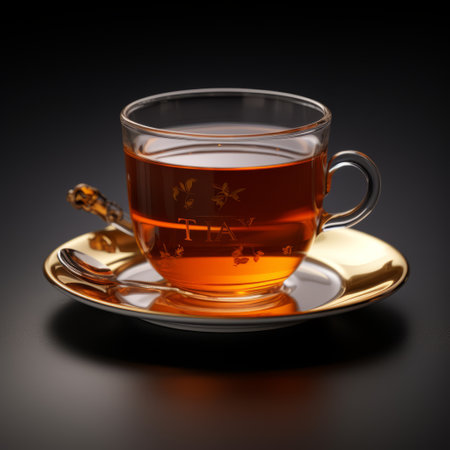 a cup of hot water, beautifully captured in a vray tracing style, sits on a table or tray. this photograph draws inspiration from the works of nick veasey and sofonisba anguissola, showcasing the use of precious materials and a touch of vignetting. the warm amber tones add a captivating ambiance to the image. ai generatedの素材