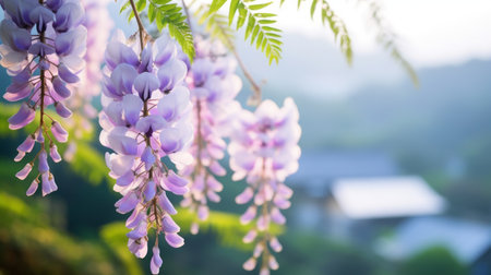 a blooming wisteria in the mountains of guangxi, showcasing its white and fluffy petals against a vibrant backdrop. this macro photograph beautifully captures the bright and vivid flowers with a large depth of field, resulting in a stunning and detailed image. ai generatedの素材