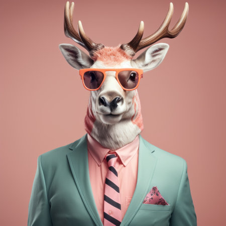 a deer in a suit and glasses poses for a surreal fashion photograph. the cheerful colors and studio portraiture style enhance the bold and busy composition. this zbrush creation combines light orange and pink tones, resulting in a captivating mashup of styles. ai generatedの素材