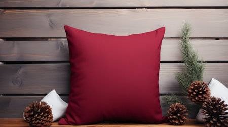 red decorative pillow with pine cones and pine on a brown wooden background. the minimalist color fields style adds a touch of elegance to this photorealistic rendering. the dark magenta hue enhances the overall aesthetic, while the smooth and polished fabric adds a luxurious feel to the pillow. ai generatedの素材
