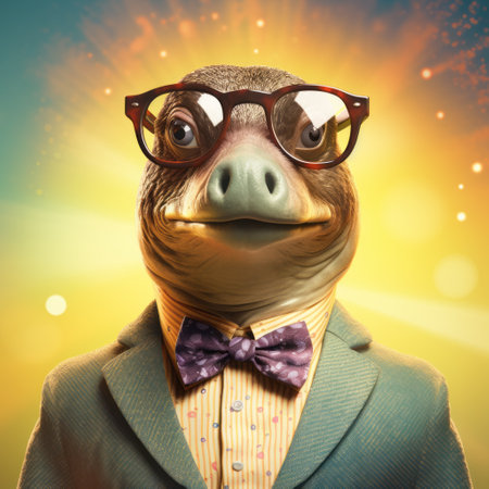 anthropomorphic animal portrait of warren buffet, created in 3ds max with vray. rendered in photoshop, this quirky portrait combines elements of dino valls and charles willson peale's style. the image features a lens flare effect and cross-processing processing, adding a unique touch to the artwork. ai generatedの素材