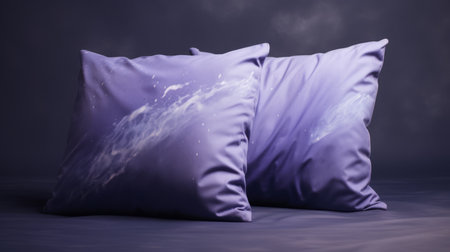 a pair of purple pillows, set against a dark background, featuring dreamlike imagery in sky-blue and gray. the liquid light emulsion enhances the mystical theme, creating a sense of depth and distance. the flatness of space is captured beautifully on the sheet film, adding to the overall ethereal quality of the photo. ai generatedの素材