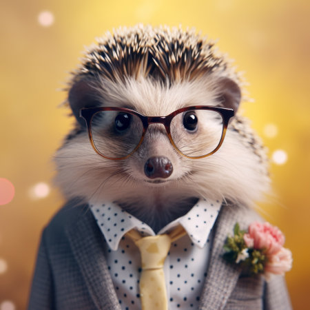 a hedgehog, dressed in a tie and glasses, poses for a hyper-realistic animal portrait. the intricate details of the costume and the bokeh effect in the background add depth to this 32k uhd photograph. captured in a studio setting, the image showcases the sharp and prickly features of the hedgehog, with a color palette dominated by pink and amber tones. ai generatedの素材