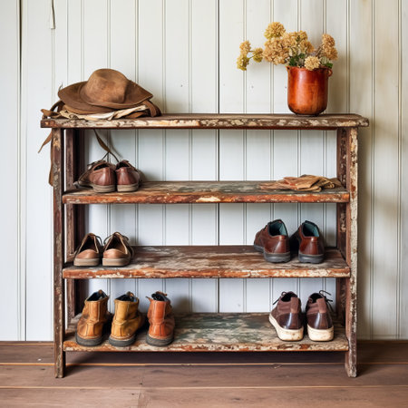 a shelf displaying a collection of shoes, socks, and a vase, showcasing distressed and weathered surfaces. the arrangement exudes a vintage vibe, reminiscent of the southern countryside and the aesthetics of the farm security administration. this site-specific work combines natural and man-made elements, creating a unique blend of manapunk aesthetics. ai generatedの素材