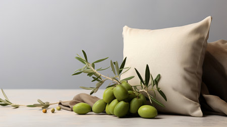 olives resting on a white pillow alongside an olive branch, reminiscent of patricia piccinini's style. the matte background and subdued color palette evoke the influences of rachel whiteread and carl kleiner. this uhd image showcases the intricate details of the olives, while the use of natural fibers adds a touch of authenticity. ai generatedの素材