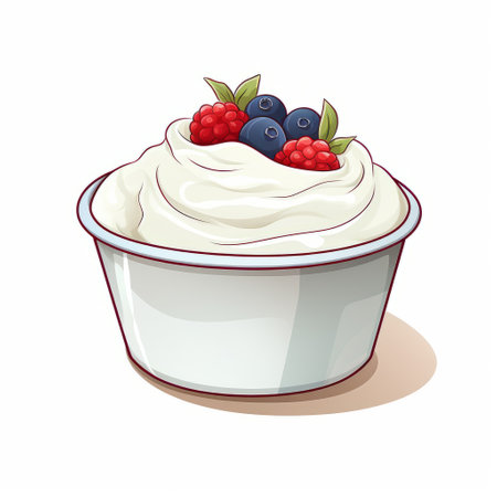a white bowl filled with a delightful arrangement of whipped cream, strawberries, and raspberries. the image showcases a colorful cartoon-style presentation, featuring cheese-like textures in dark violet and white hues. the photo also incorporates elements such as applecore, booru, and caffenol developing. ai generatedの素材