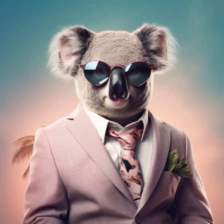 a person dressed like a koala walks gracefully amidst the lush trees, captured in a photorealistic style. the portrait showcases subtle gradients, reminiscent of ad posters and celebrity portraits. the unique concept blends elements of junglepunk with an elegant touch, resulting in emotive faces that embody the essence of this captivating artwork. ai generatedの素材