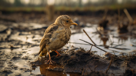 a bird perches on a mud pile, capturing the essence of frieke janssens' style. bathed in golden light, this uhd image showcases the intricate details of the scene. shot with a tokina at-x 11-16mm f/2.8 pro dx ii lens, it evokes the whimsical artistry of jean-baptiste monge and the enchanting world of lucas cranach the younger. cranberrycore adds a touch of intrigue to this captivatingの素材