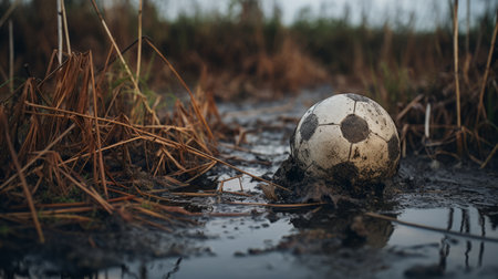 a black and white soccer ball sits amidst the tall grass and mud, resembling rusty debris. this captivating photo by mikko lagerstedt captures the essence of everyday life, while raising ethical concerns. the poolcore aesthetic and the depiction of a soggy environment add to the unique atmosphere. with rtx on, the details of this image come to life. ai generatedの素材