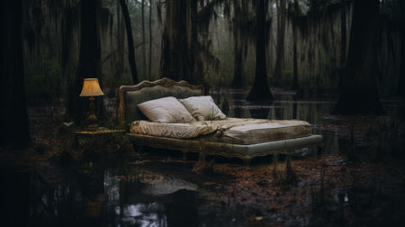 an old style bed with a lamp sits on a swampy ground, capturing the essence of southern gothic-inspired landscapes. this candid shot showcases forestpunk elements and staged photography, with a soft-edged, rococo decadence. ai generatedの素材