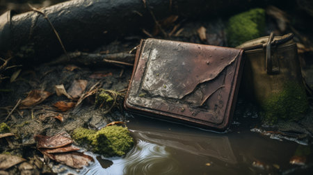 brown leather wallet lying in the dirt, resembling a soggy, romantic riverscape. captured with the tokina at-x 11-16mm f/2.8 pro dx ii lens, the image evokes a sense of ruined materials and sentimental storytelling. reminiscent of the snapshot aesthetic popularized by artist titus kaphar, this photo merges elements of nature and nostalgia. ai generatedの素材