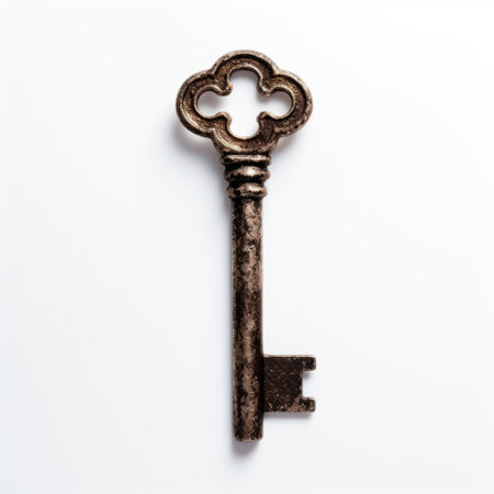 a key isolated on a white background is depicted in this stock photo. the key is designed in the style of gothic influence, with clever use of negative space. the image showcases the technique of cross processing, highlighting the bronze casts. it pays homage to the pioneer of color photography, konica big mini, and features luxurious wall hangings. ai generatedの素材