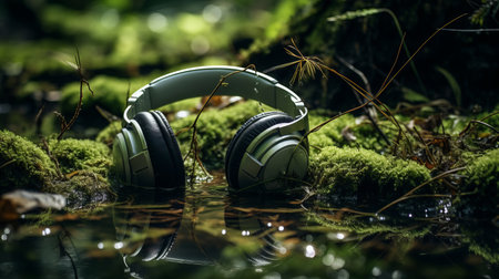 headphones resting on vibrant green grass, surrounded by a serene pond. this captivating image captures the essence of atmospheric woodland scenery, reminiscent of the artistic style of pieter jansz saenredam. the use of the tokina at-x 11-16mm f/2.8 pro dx ii lens enhances the naturalistic materials and brings out the beauty of the scene. a perfect blend of poetcore and forestpunk, this photo is aの素材