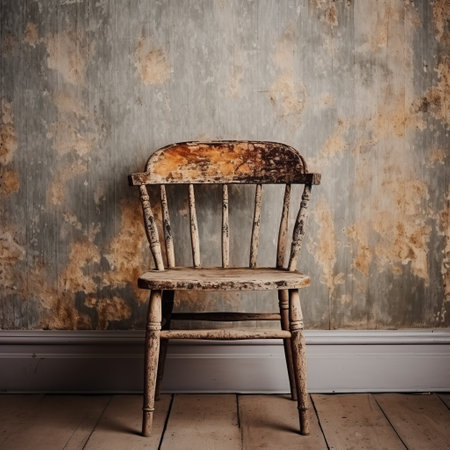 an old antique chair is captured in this stock shot against a rusty wall, reminiscent of the ethereal minimalism style of english painter henry scott tuke. the scene showcases explosive pigmentation and a synthetism-inspired composition, creating an eerily realistic depiction of domestic interiors. ai generatedの素材