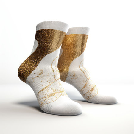 two pairs of white and gold socks are showcased alongside a pair of gold shoes on a clean white background. this digital art composition incorporates various techniques such as textural surface treatments, inspired by the works of pontormo. the design features elements like glitter and sunprint, resulting in a captivating and visually striking digital print. ai generatedの素材