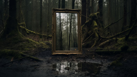 a mirror, framed by a green tree in the forest, creates a haunting and foreboding landscape. this dark and moody still life captures the essence of decaying landscapes and storybook-esque portraitures with hidden meanings. the contrast-focused photo showcases a unique style of haunting portraiture. ai generatedの素材