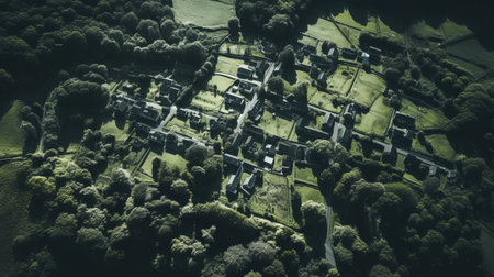 an aerial view of a village nestled amidst a lush canopy of trees, showcasing the subtle interplay of light and shadow. the image captures the essence of charles gwathmey's intricate detailing, with a touch of the orton effect adding a dreamlike quality. the grandiose ruins add a sense of history and mystique, while the skillful manipulation of light and shadow creates a captivating visual experience.の素材