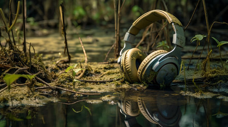 headphones immersed in a swamp, surrounded by a mossy forest background. captured in the style of fujifilm eterna 250t type 8560, this photo showcases the harmonious blend of technological marvels and nature. the golden hues reflect off the calm waters, highlighting the innovative techniques used in the design of these headphones. a perfect fusion of sonian tranquility and sustainable design. ai generatedの素材