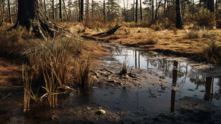 a swamp in the southern countryside, captured with the sony fe 35mm f/1.4 za lens, showcases a realistic landscape painting inspired by american tonalism. the photo highlights the muddy terrain, rotten debris, and reflections, while incorporating detailed hunting scenes and photo-realistic techniques. ai generatedの素材