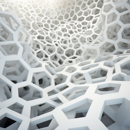 interior with metal hexagons and ice crystals, featuring tangled nests and organic biomorphic forms. the 3d illustration showcases light white and white colors, inspired by the bechers typologies. the focus is on joints and connections, highlighting the unconventional use of materials like webcore. ai generatedの素材