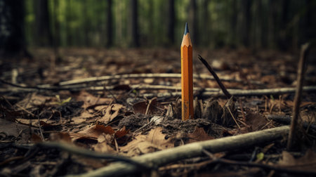 a pencil, in the style of dusseldorf school of photography, stands alone on the vibrant leaves of a forest floor. this captivating image, created using unreal engine, showcases an orange hue reminiscent of kevin hill's artwork. with a primitivist touch, the sharp attention to detail in this composition is truly remarkable. ai generatedの素材