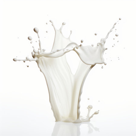 a splash of milk is being poured onto a white surface, creating a visually striking image with symmetrical asymmetry. the use of jump cuts, high-key lighting, and graceful forms adds to the artistic appeal. the velvia technique enhances the vibrant colors, while the photo-realistic hyperbole and raw vulnerability evoke a sense of intensity. ai generatedの素材