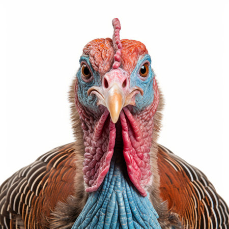a black turkey with a bluish blue face is captured in this conceptual portraiture style photograph. the light maroon and orange hues add a playful coloration to the image, reminiscent of a national geographic photo. the turkey's strong facial expression and the use of fujifilm velvia film enhance the overall impact of this paleocore-inspired composition. ai generatedの素材
