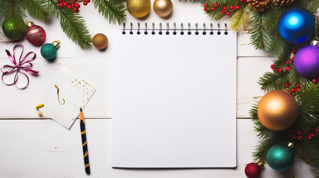 a blank note pad sits alongside christmas decorations and a wooden tree in this tabletop photograph. the composition is graphic and symmetrical, with an innovative page design. the details are hyper-realistic, with a calligraphy-inspired style. the photo is captured against a white background, and it is available in 32k uhd resolution. ai generatedの素材
