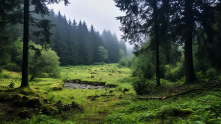 a mesmerizing forest scene featuring a tranquil stream flowing through lush meadows, adorned with delicate twiggy mushrooms. captured with the exceptional clarity of a nikon d850 and the vibrant tones of fujifilm pro 800z film, this 32k uhd photograph exudes a dreamy atmosphere reminiscent of whistlerian art. enhanced with a sabattier filter, this national geographic-worthy image transports viewers into a captivating natural world. ai generatedの素材