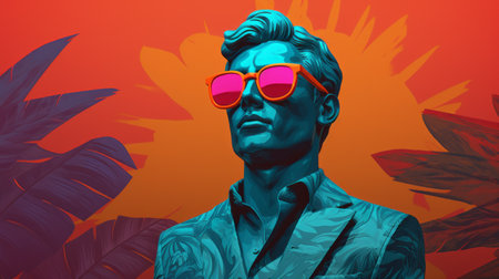an orange picture featuring a man in sunglasses is showcased on the border. the artwork is created in the style of zbrush, with an enigmatic tropics theme. the color palette consists of dark cyan and pink, creating a visually striking effect. the artist, dmitry kustanovich, incorporates volumetric lighting and bold color combinations, resulting in a captivating neo-pop iconography. ai generatedの素材