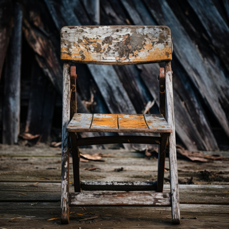 a small chair is positioned against a weathered wooden wall, creating a post-apocalyptic ambiance. captured with a sony fe 12-24mm f/2.8 gm lens, the image showcases a blend of light orange and dark gray tones. the rustic naturalism is enhanced by the creased, crinkled, and wrinkled textures of the wall, which appear patinated and oxidized. this composition evokes the artistic style of jean restout theの素材
