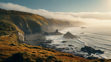 a stunning autumn beach cliff with a beautiful coastline, captured in the style of jessica rossier. this 32k uhd photograph, reminiscent of elihu vedder's work, showcases the traditional british landscapes. with lens flares adding a touch of magic, this national geographic photo by einar hkonarson is a visual treat. ai generatedの素材
