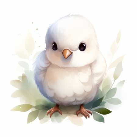 a cute chicken illustration, featuring realistic yet ethereal style of 2d game art. the artwork showcases detailed botanical illustrations with a light and white color palette. the painting is referential and bold, with manga-inspired characters. this piece was created using a speedpainting technique. ai generatedの素材