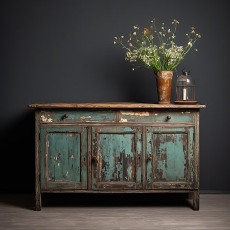 a wood sideboard with teal walls is showcased against a distressed and weathered grey background. this 19th-century german realism-inspired piece features dark indigo and green hues, creating a soft and atmospheric ambiance. the bloomcore aesthetic is enhanced by the industrial themes and the abrasive authenticity of the surfaces. ai generatedの素材