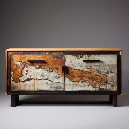 wooden sideboard with a metal paint pattern resembling decaying landscapes. the dark white and light amber colors create a striking contrast. this unique piece is located at yale university school of art and features cracked details in a dark sky-blue and bronze palette. perfect for urban exploration enthusiasts and fans of the kan school aesthetic. ai generatedの素材