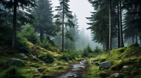 a path winds its way through a dense forest, enveloped in a mystical fog. this captivating image captures the essence of sublime wilderness, reminiscent of traditional landscapes found in the works of emila medkov, hinchel or, and michal karcz. the towering trees and ethereal atmosphere create a sense of tranquility and awe, making this uhd image a true masterpiece. ai generatedの素材