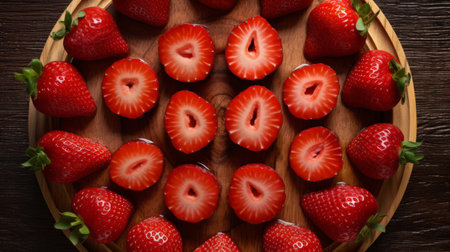 red strawberries arranged on a wooden plate, showcasing symmetry and repetition. the rounded fruits glisten with a shiny, glossy appearance, while the distinct framing adds a touch of tachisme. the strawberries are arranged in striped patterns, creating a clear and crisp visual appeal. ai generatedの素材