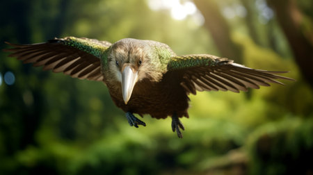 kiwi bird soaring through its natural environment, captured in a striking digital surrealism style. the image showcases exaggerated facial features of the kiwi, with a color palette of dark brown and emerald. this captivating photograph, reminiscent of cryengine graphics, has the essence of a national geographic photo. it also incorporates elements of duckcore and subtle mythological references. ai generatedの素材