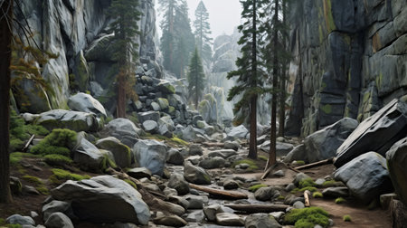 3d terrain in a forest area with rocks below, showcasing the beauty of california impressionism and misty gothic style. this national geographic photo captures the grandeur of scale and contrasting values, creating a mesmerizing and breathtaking scene. the primitivist elements add a unique touch to this unbelievably beautiful landscape. ai generatedの素材