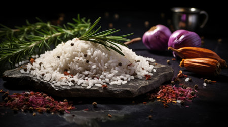 aromatic white rice infused with a blend of flavorful herbs, garlic, and spices, beautifully presented against a striking black background. this high-resolution uhd image showcases the exquisite details captured by the samyang af 14mm f2.8 rf lens. the contrasting tones of dark white and dark pink create a visually captivating composition, reminiscent of ottoman art. tilt-shift lenses enhance the refined aesthetic sensibility of this captivatingの素材
