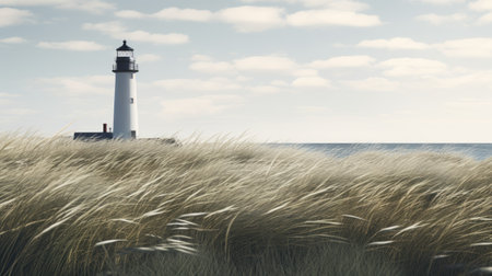 open lighthouse in a field of tall grass, contemporary minimalist style, light gray and dark black, sculptural aesthetics, coastal views, minimalist sets, gothic revival, muted colors. ai generatedの素材
