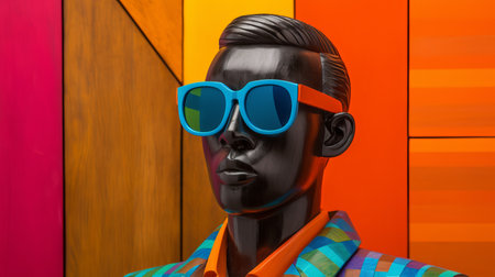 a statue of a man in a colorful outfit and sunglasses, inspired by optical art, stands illuminated by softbox lighting. the vibrant woodcarvings feature shades of orange and azure, creating a smooth and polished appearance. with an evident african influence, this studio portraiture captures the captivating essence of this unique art piece. ai generatedの素材