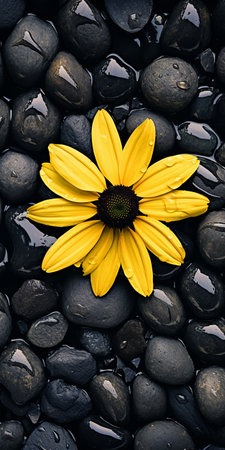 black-eyed susan flower blooming on a black shingle, captured in a tabletop photography style. the image showcases visually tactile surfaces and sustainable design. shot with a voigtlander bessa r2m camera, the dark gray and black tones create a soft focus effect. ai generatedの素材