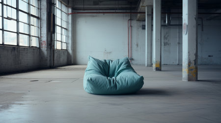 a beanbag chair sits in the center of a spacious building, adorned with light cyan tones and industrial elements. the photo showcases a minimal retouching style, incorporating elements of zuckerpunk, foampunk, and industrial aesthetics. the soft and romantic ambiance of the scene adds to the overall appeal. ai generatedの素材