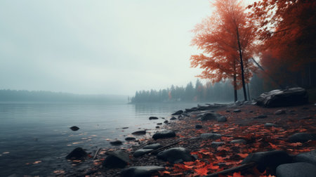 autumn forest enveloped in a captivating fog near the water, boasting a striking blend of dark orange and dark aquamarine hues. this 32k uhd image showcases a mesmerizing combination of dark red and light gray tones, enhanced by a subtle atmospheric perspective. perfect for landscape inspirations, this photo exudes a captivating cabincore vibe with a touch of punk rock aesthetic. ai generatedの素材
