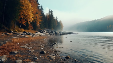 autumn scenery hd background featuring a moody and atmospheric setting with calm waters. this 3d wallpaper captures the essence of autumn with its dark turquoise and light amber tones. shot using a fujifilm pro 800z film, the image showcases the artistic style of the vancouver school. the carl zeiss distagon t 15mm f/2.8 lens adds a touch of depth to the gray and amber colorの素材
