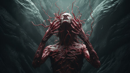 a crimson old creature in shock, with hands on top of its head, is depicted in this hyper-realistic sci-fi style photo by alessio albi. the image features white text and showcases minimal retouching, grainy texture, and bold, dynamic lines. created using bryce 3d software, the photo has a tenebrous atmosphere and was influenced by the artistic style of andrew ferez. ai generatedの素材