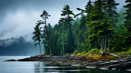 a foggy morning at lake chula reveals a captivating tree-lined coastline. this photo captures the essence of native american, first nations, and alaska native art with its painterly style and high contrast. reminiscent of national geographic and associated press photos, it presents a romanticized depiction of the wilderness, showcasing photo-realistic landscapes in all their natural beauty. ai generatedの素材